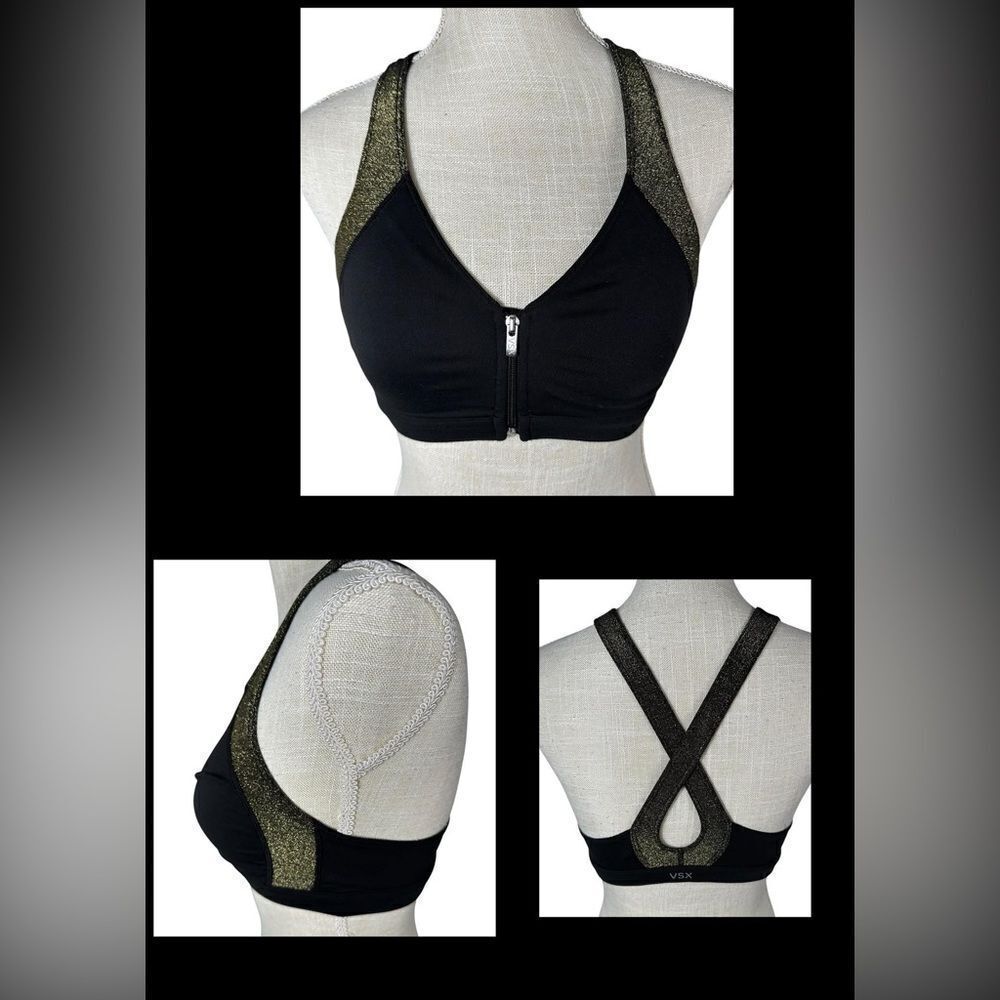 VSX Sport Black & Gold Glitter Zipper Front Lightly Lined Sports Bra